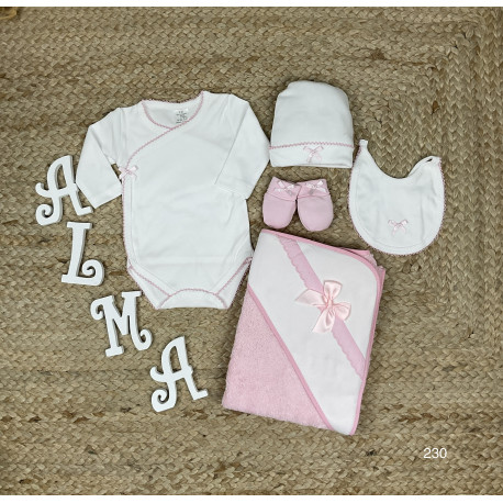 Conjunto 5 piezas rosa ( capa, body, gorro, manoplas y babero) Personalizado - Imagen 2